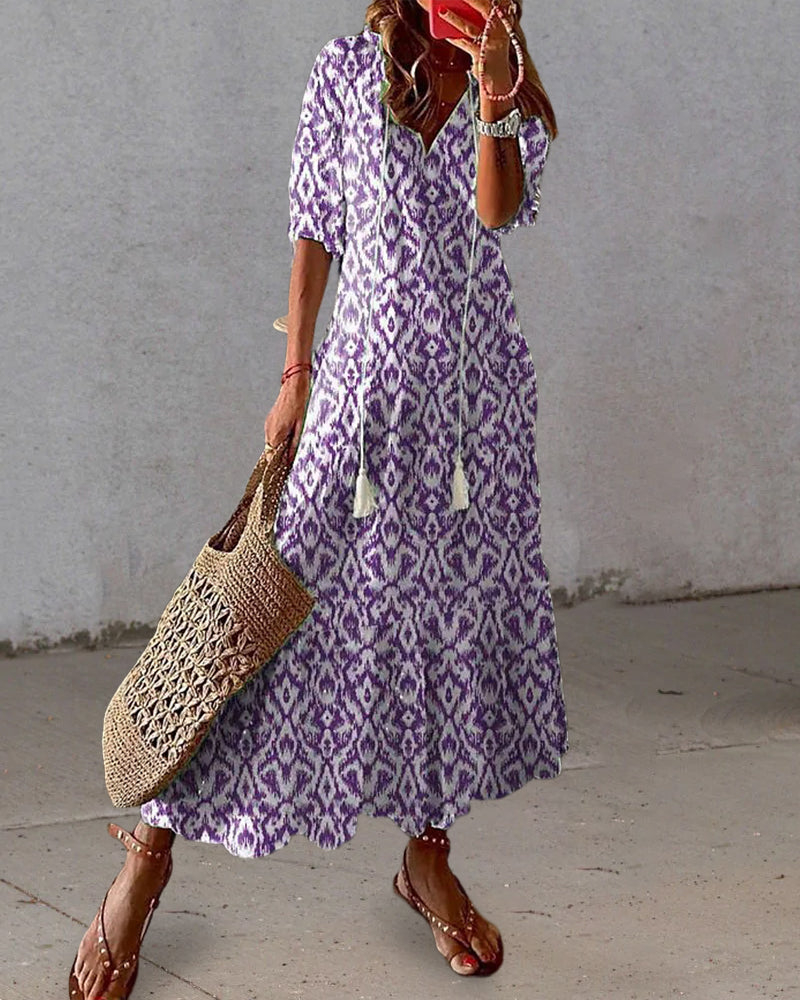 Langes Maxikleid Damen V-Ausschnitt Print