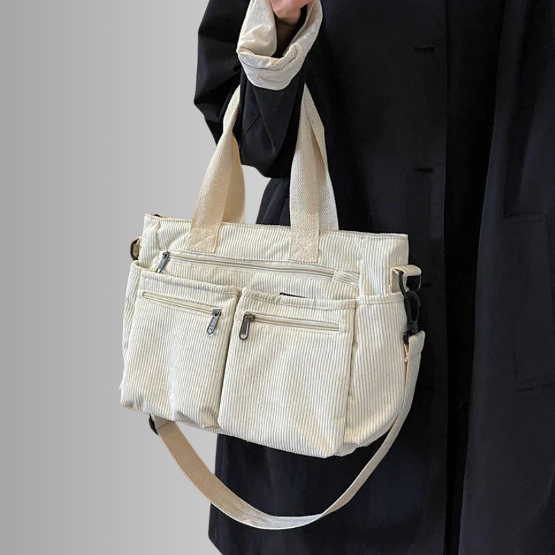 Stilvolles Schultertasche Cord mit Reißverschlusstaschen – Ansicht 10