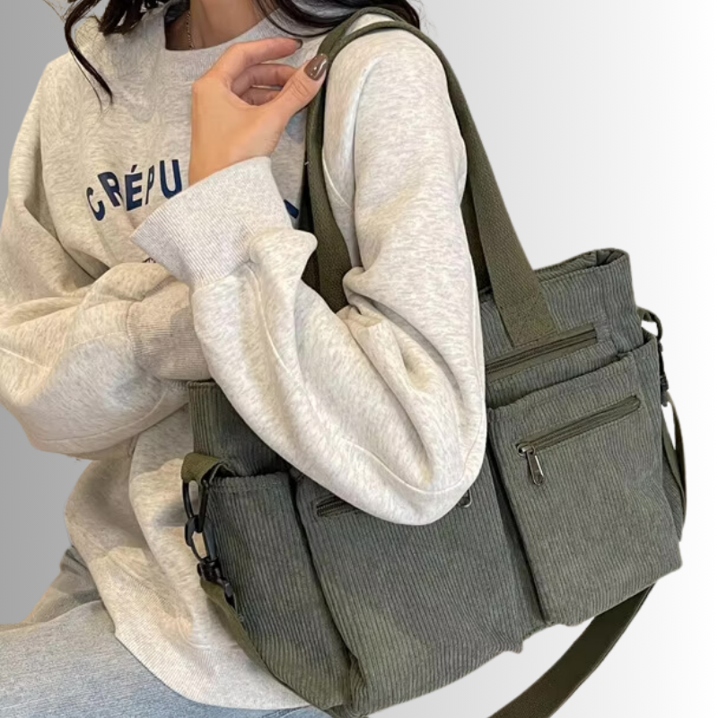 Stilvolles Schultertasche Cord mit Reißverschlusstaschen – Ansicht 8