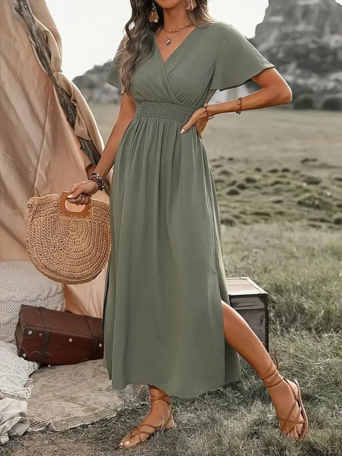 Damen Elegantes V-Ausschnitt Boho Maxi Kleid
