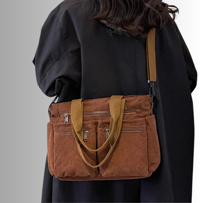 Stilvolles Schultertasche Cord mit Reißverschlusstaschen – Ansicht 12