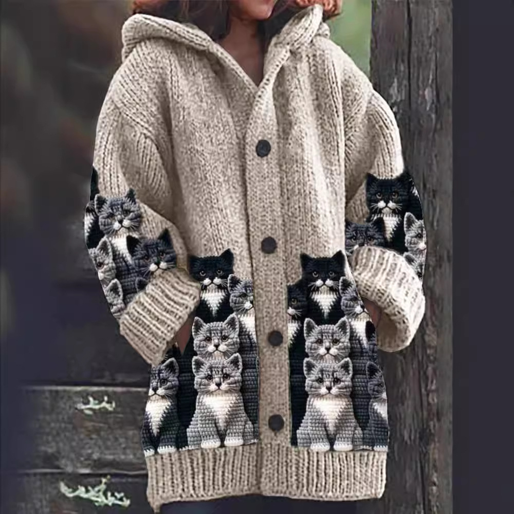 Strickjacke Mit Kapuze | Katzenmotiv