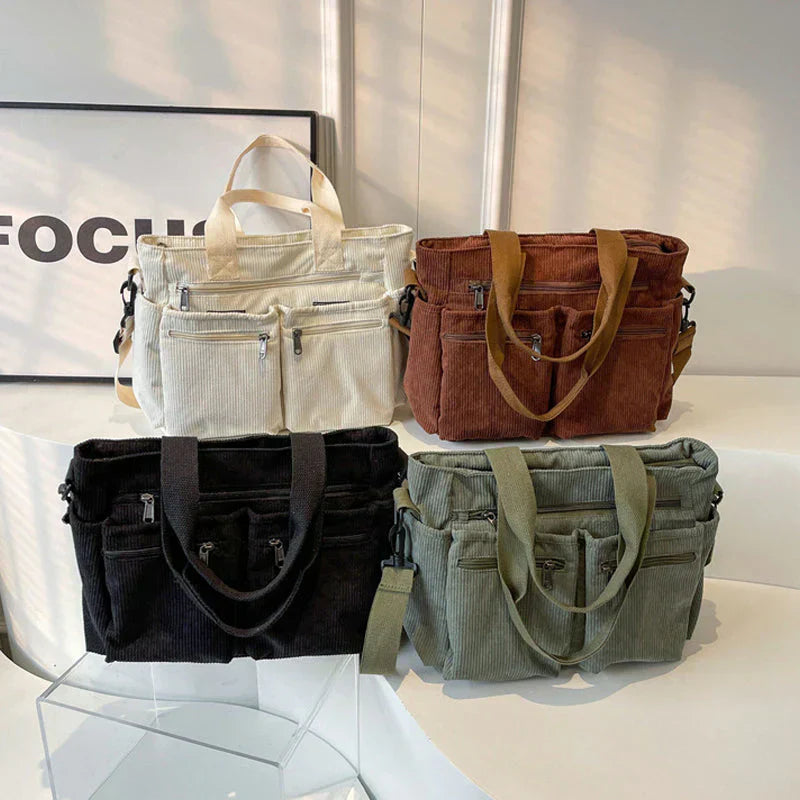 Stilvolles Schultertasche Cord mit Reißverschlusstaschen – Ansicht 7