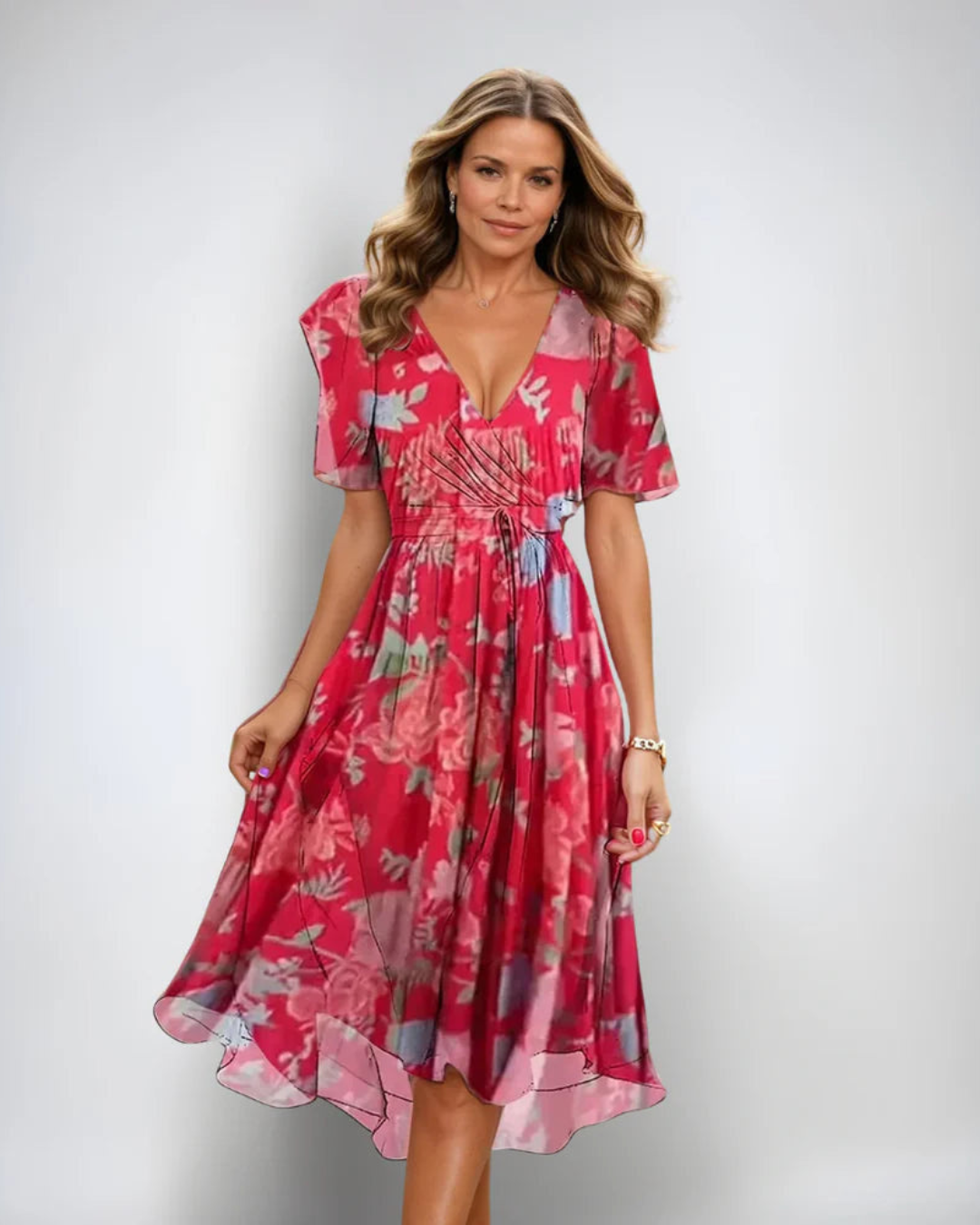Damen Sommer Midi Wickelkleid Blumen