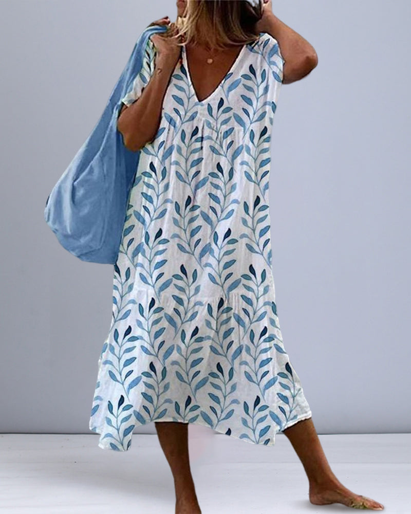 Sommerkleid Damen V-Ausschnitt Blätterdruck
