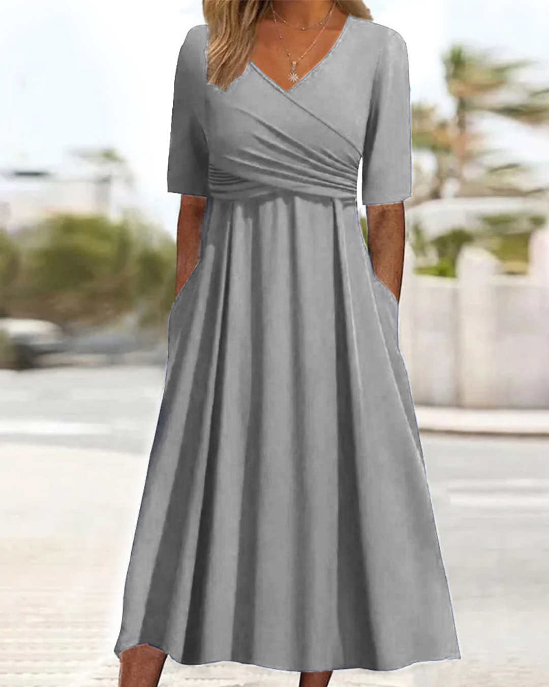 Damen Wickel V-Ausschnitt Maxi Kleid
