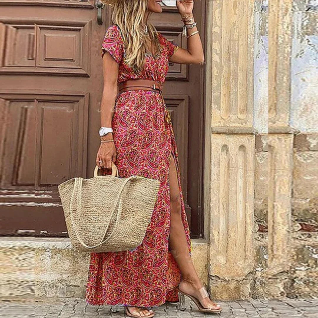 Maxikleid Damen Boho Blumenmuster V-Ausschnitt