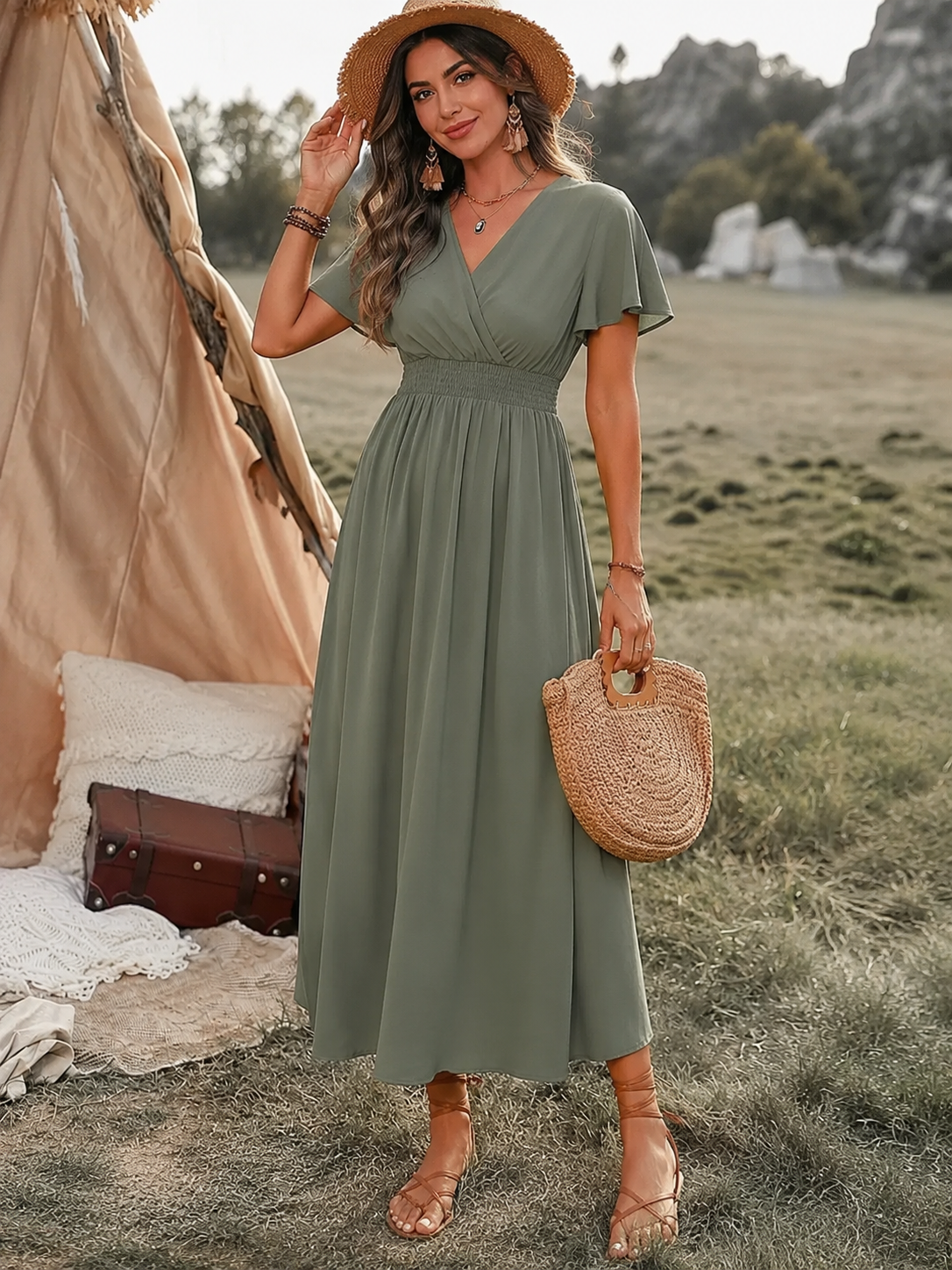 Damen Elegantes V-Ausschnitt Boho Maxi Kleid