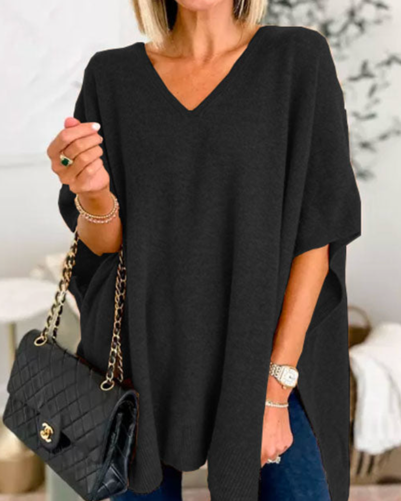 Poncho Pullover | Strickpullover V Ausschnitt Lockerer Schnitt