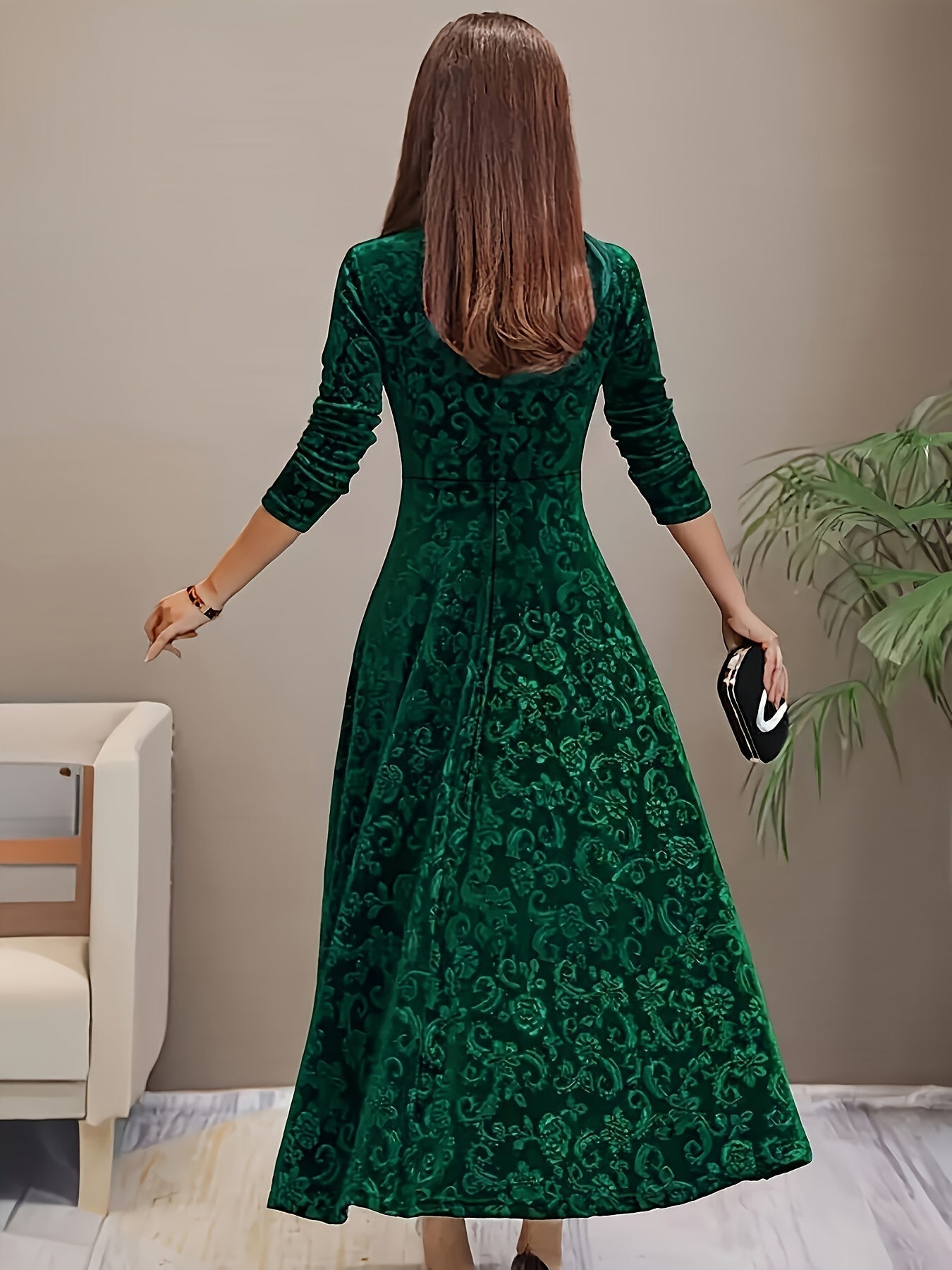 Drei Viertel-Arm Samtkleid Damen floral