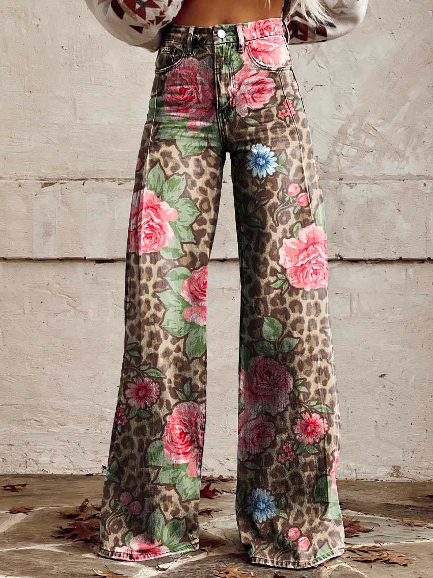 Damen-Baggy-Jeans lang mit Blumenprint