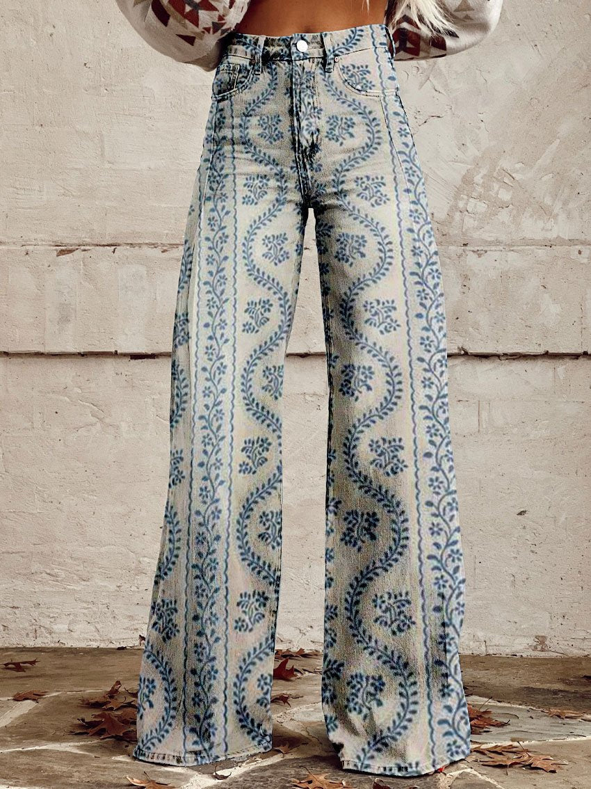 Damen-Baggy-Jeans lang mit Blumenprint