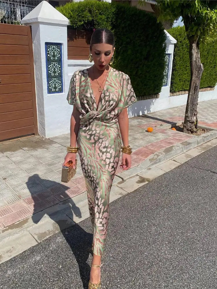 Elegantes Maxikleid Damen Wickeloptik V-Ausschnitt