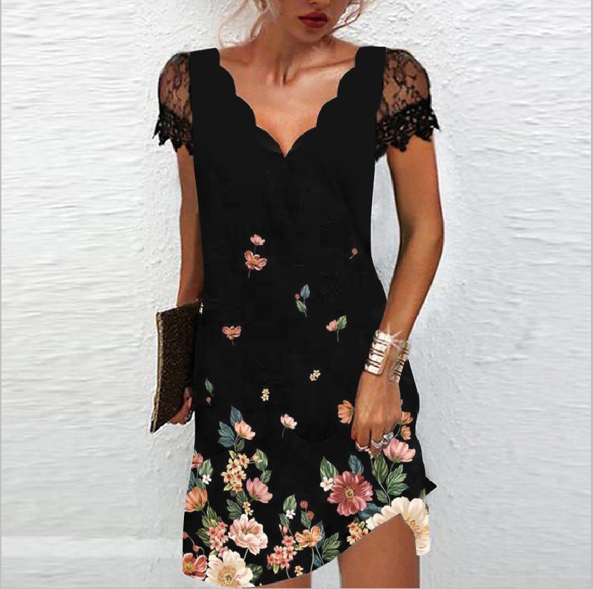 Abendkleid Damen V-Ausschnitt Spitzenärmel