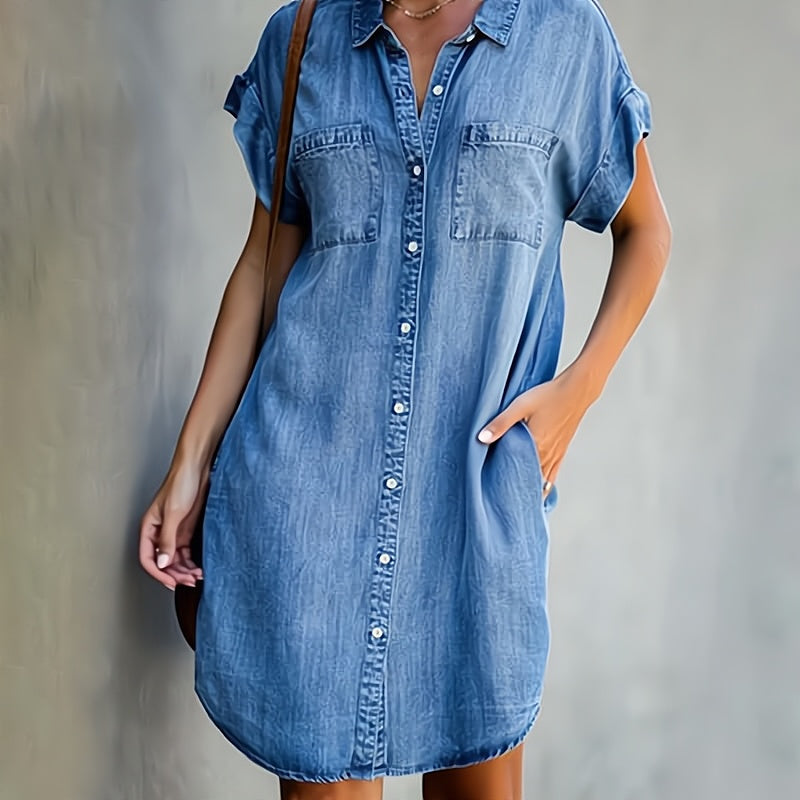 Denim Kleid Damen Kurzarm mit Knopfleiste