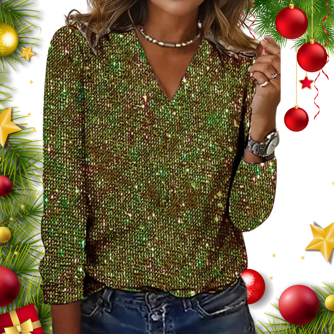 Glitzerbluse Damen V-Ausschnitt Langarm