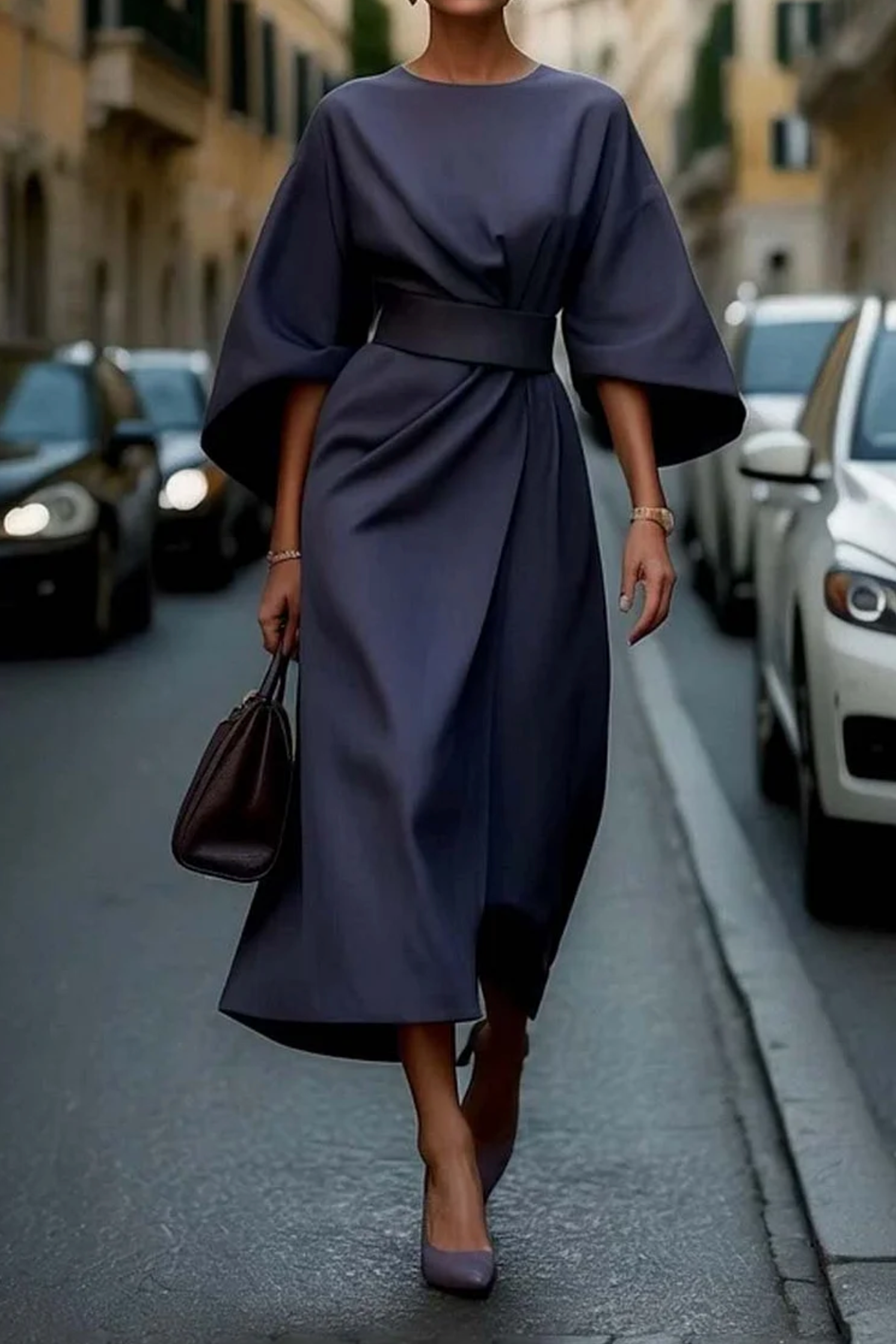 Midikleid Damen mit Taillengürtel