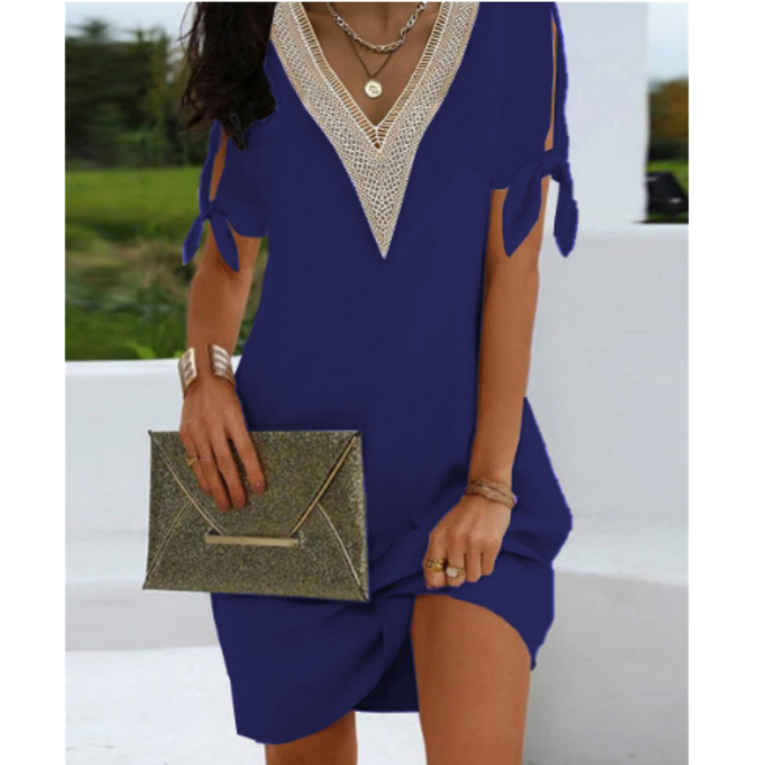 Minikleid Damen Boho V-Ausschnitt Kurzarm
