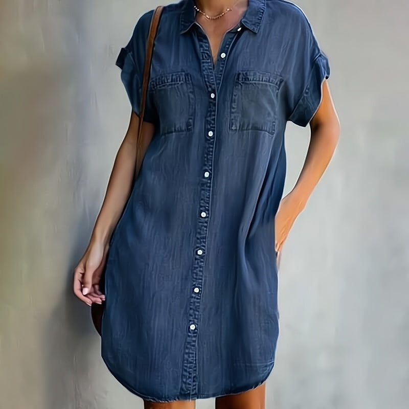 Denim Kleid Damen Kurzarm mit Knopfleiste
