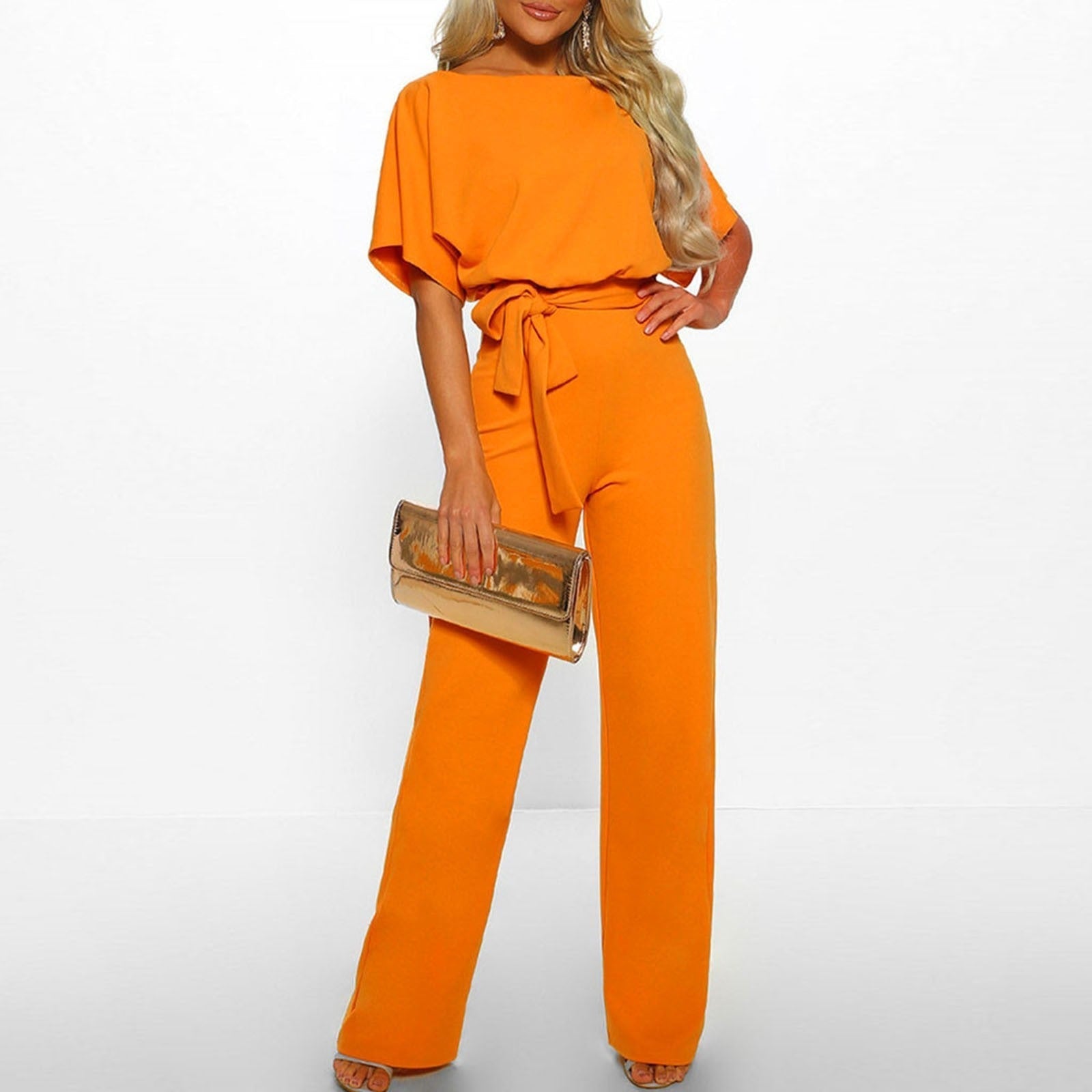 Damen Jumpsuit Kurzarm mit Bindegürtel