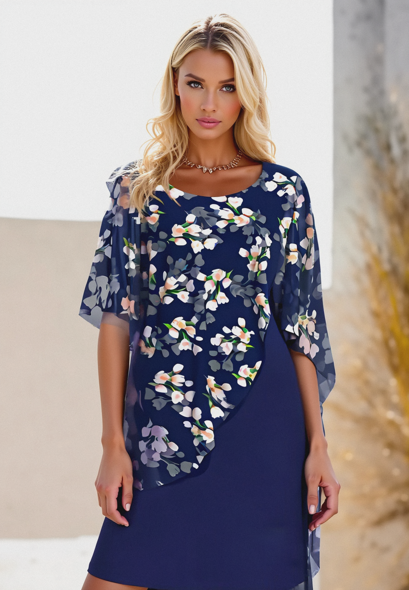 Damenkleid Hochzeitsgast mit Chiffoncape Blumenprint