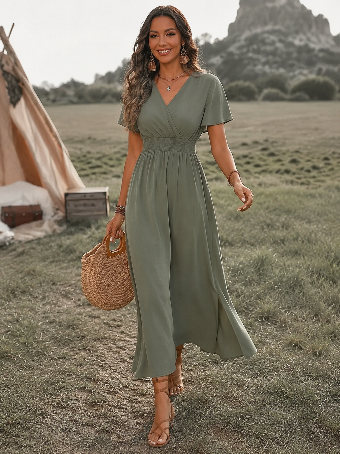 Damen Elegantes V-Ausschnitt Boho Maxi Kleid