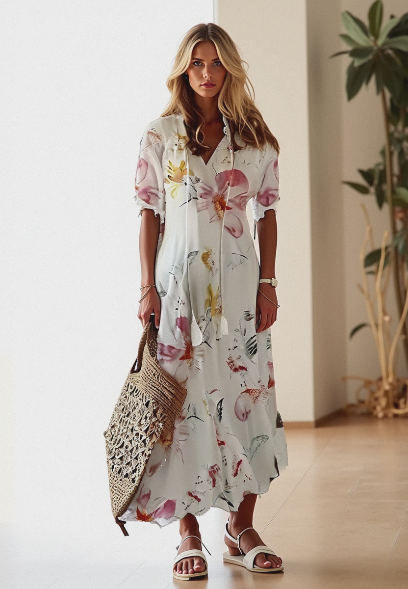 Damen Sommerkleider Blumenmuster V-Ausschnitt
