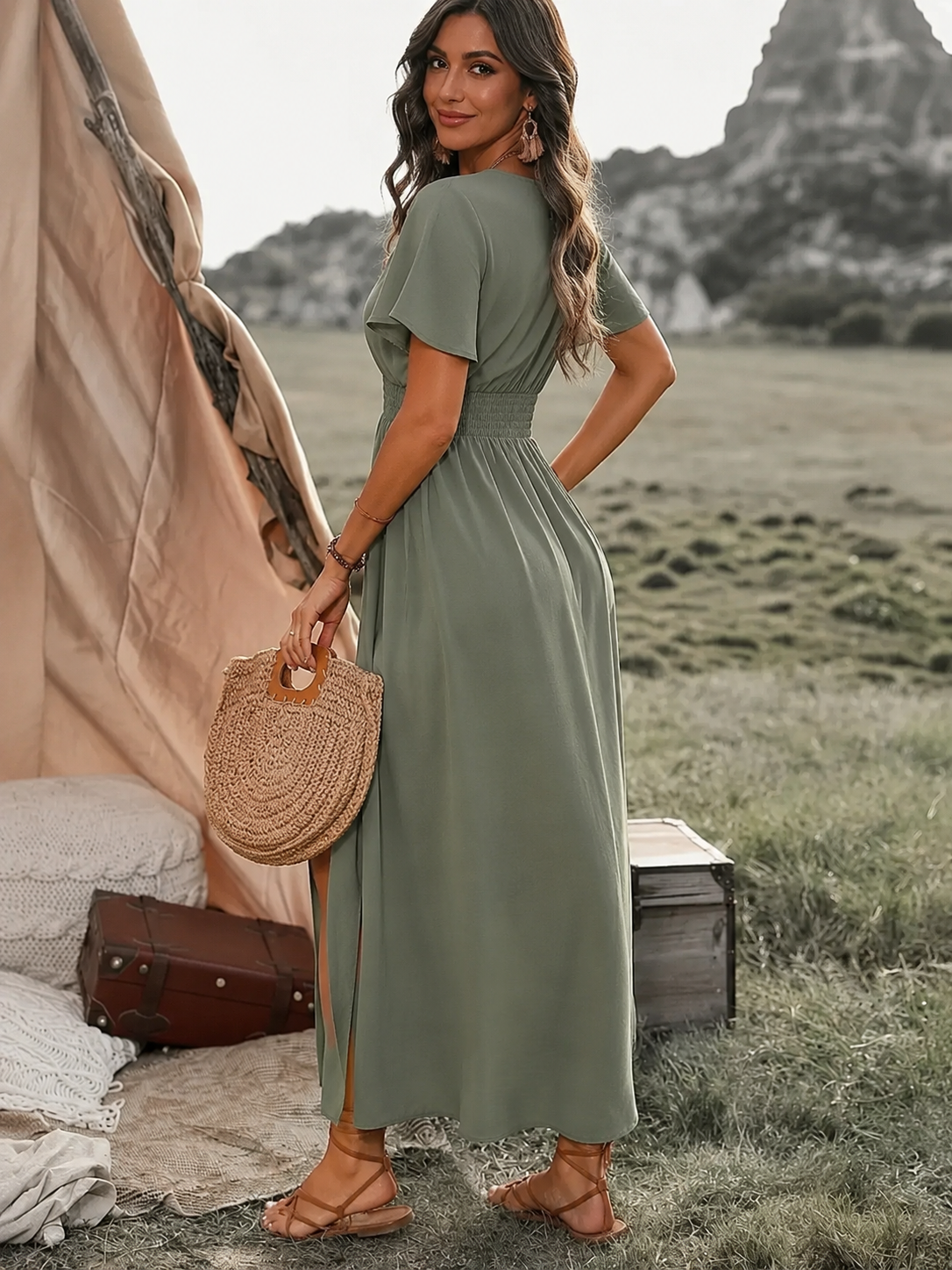 Damen Elegantes V-Ausschnitt Boho Maxi Kleid