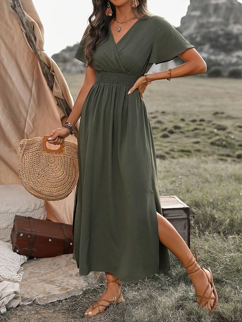 Damen Elegantes V-Ausschnitt Boho Maxi Kleid