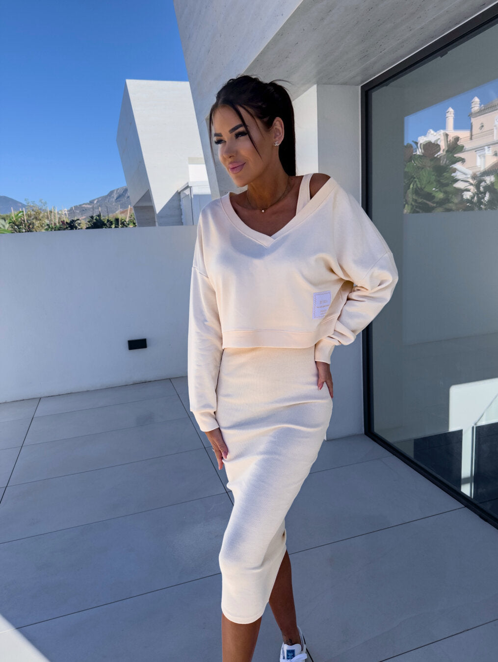 Damen Zweiteiler Sweatshirt Midirock