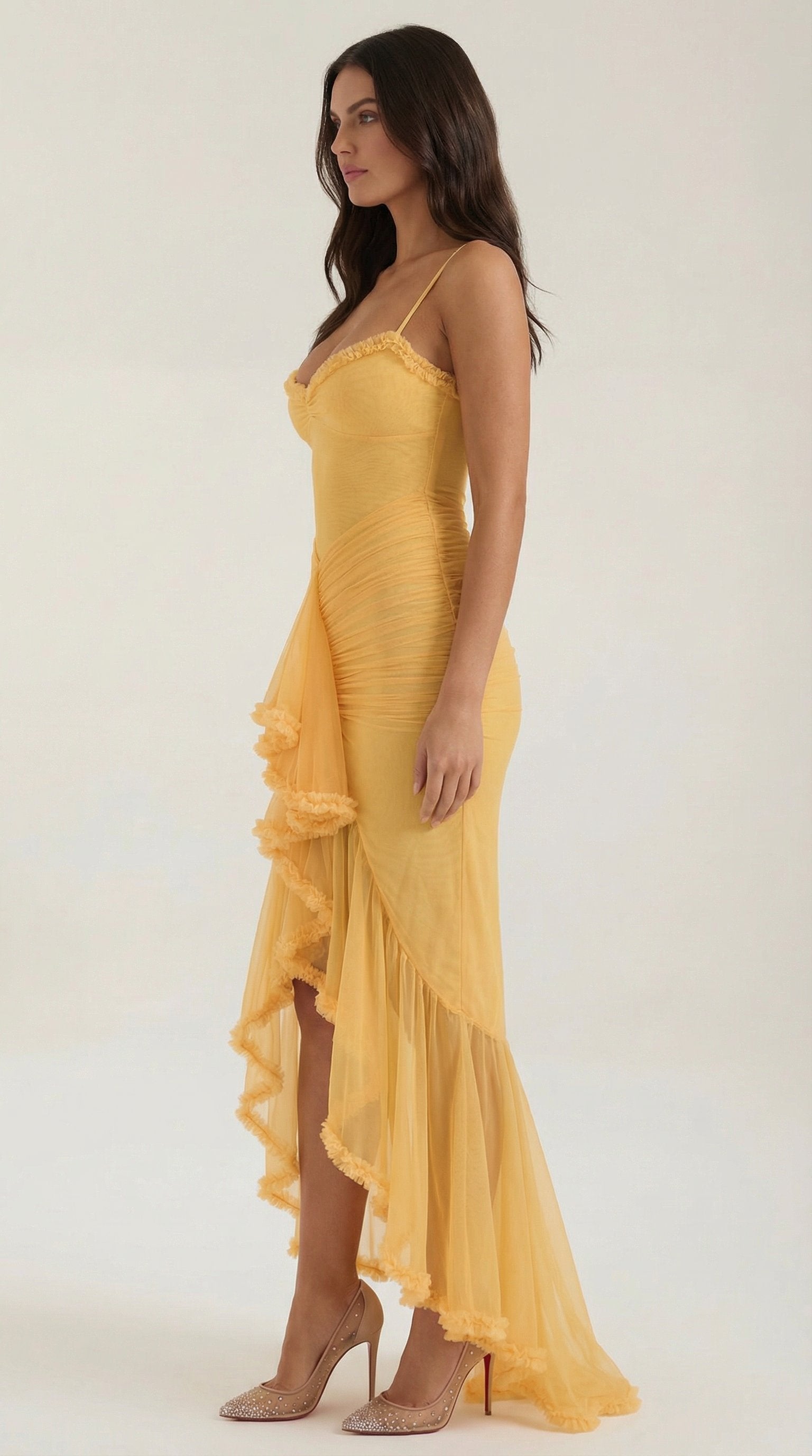 Damen Abendkleid asymmetrische Rüschen | Maxi Front