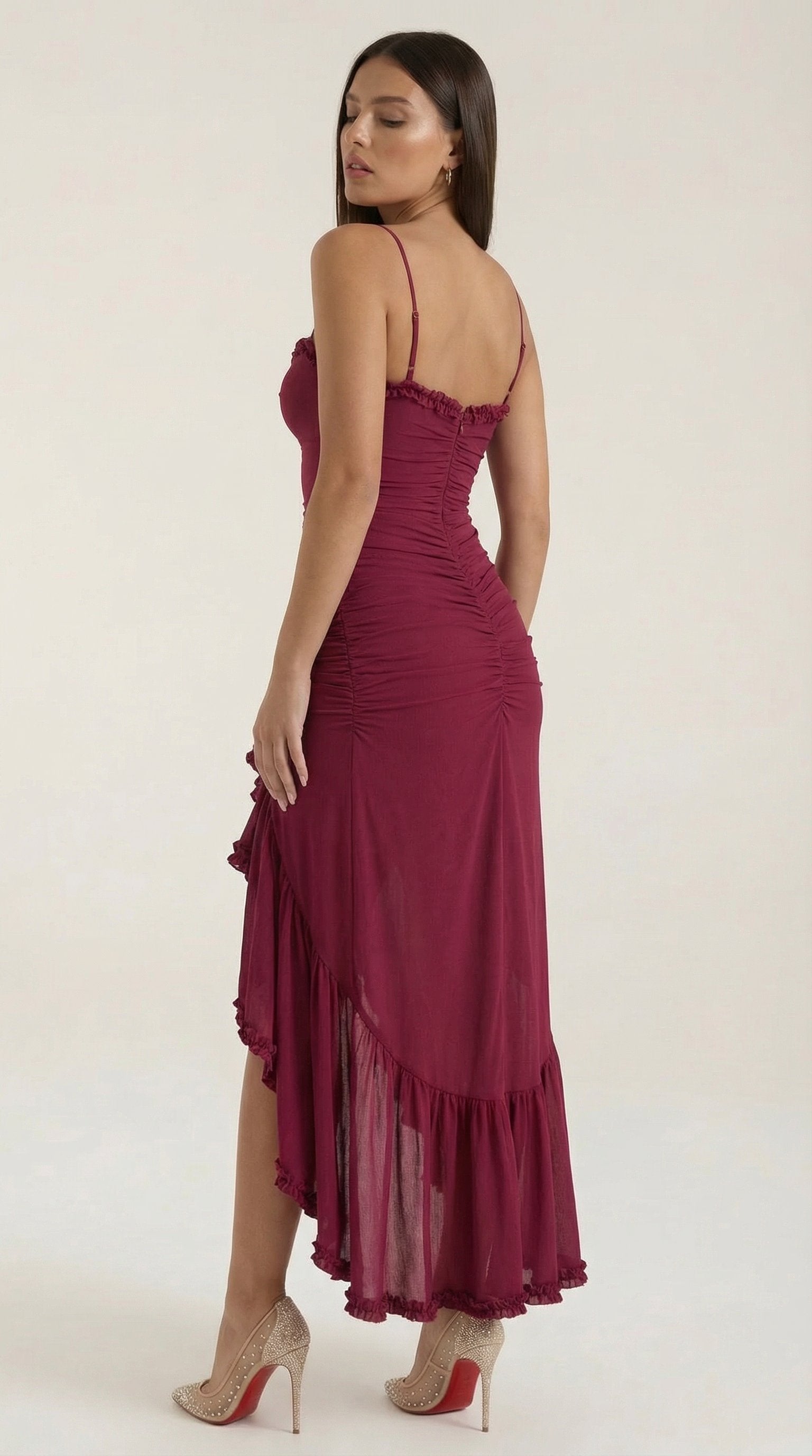 Damen Abendkleid asymmetrische Rüschen | Maxi Full