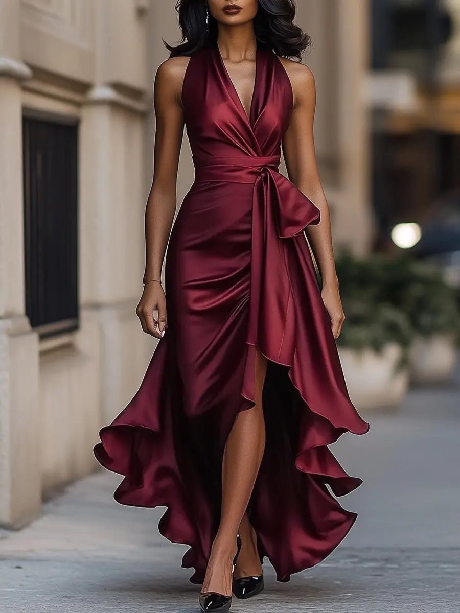 Damen Abendkleid Volant-Saum | Halterneck Close Up