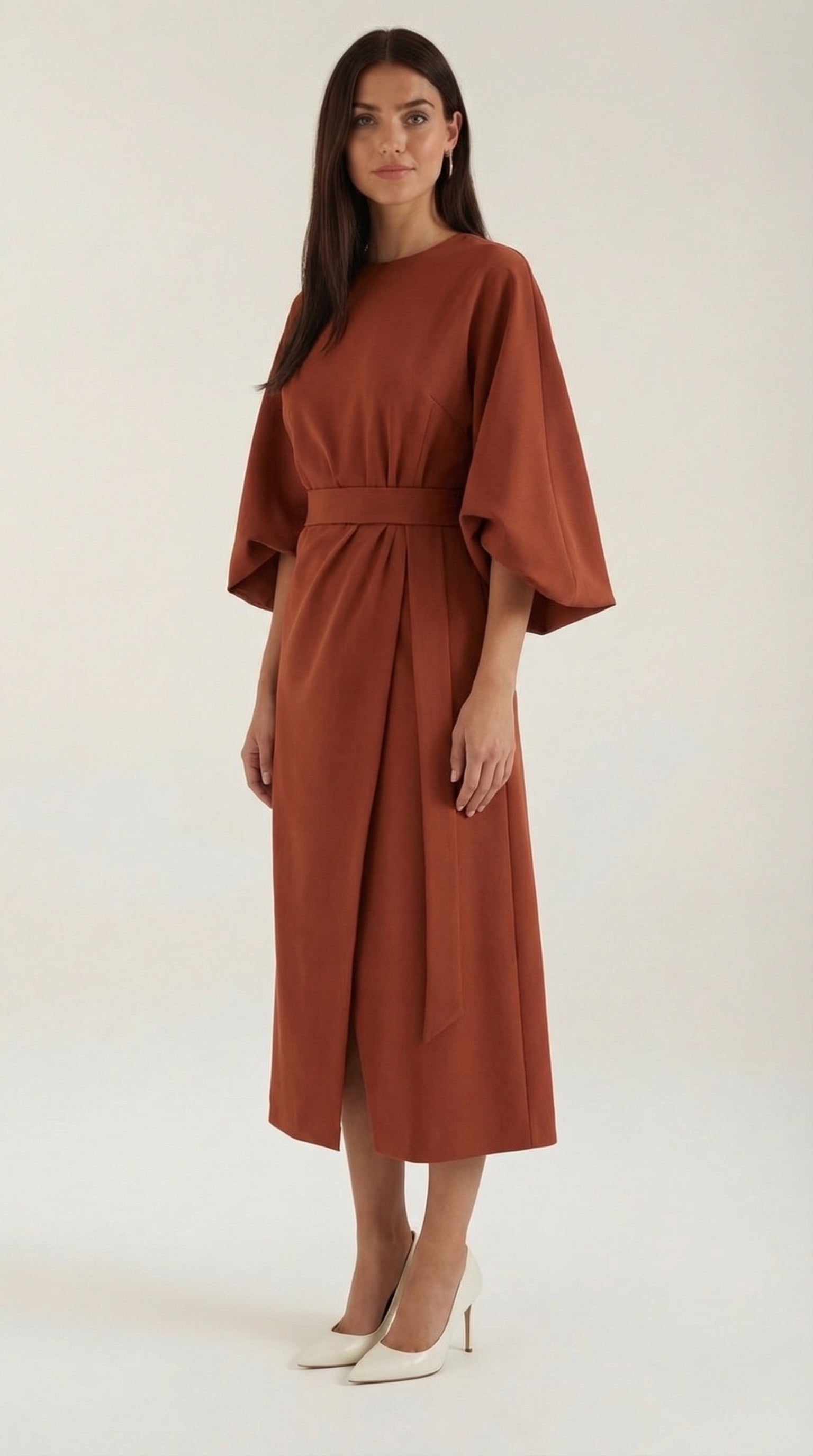 Damen Ballonärmel Midikleid | Taillengürtel View 17