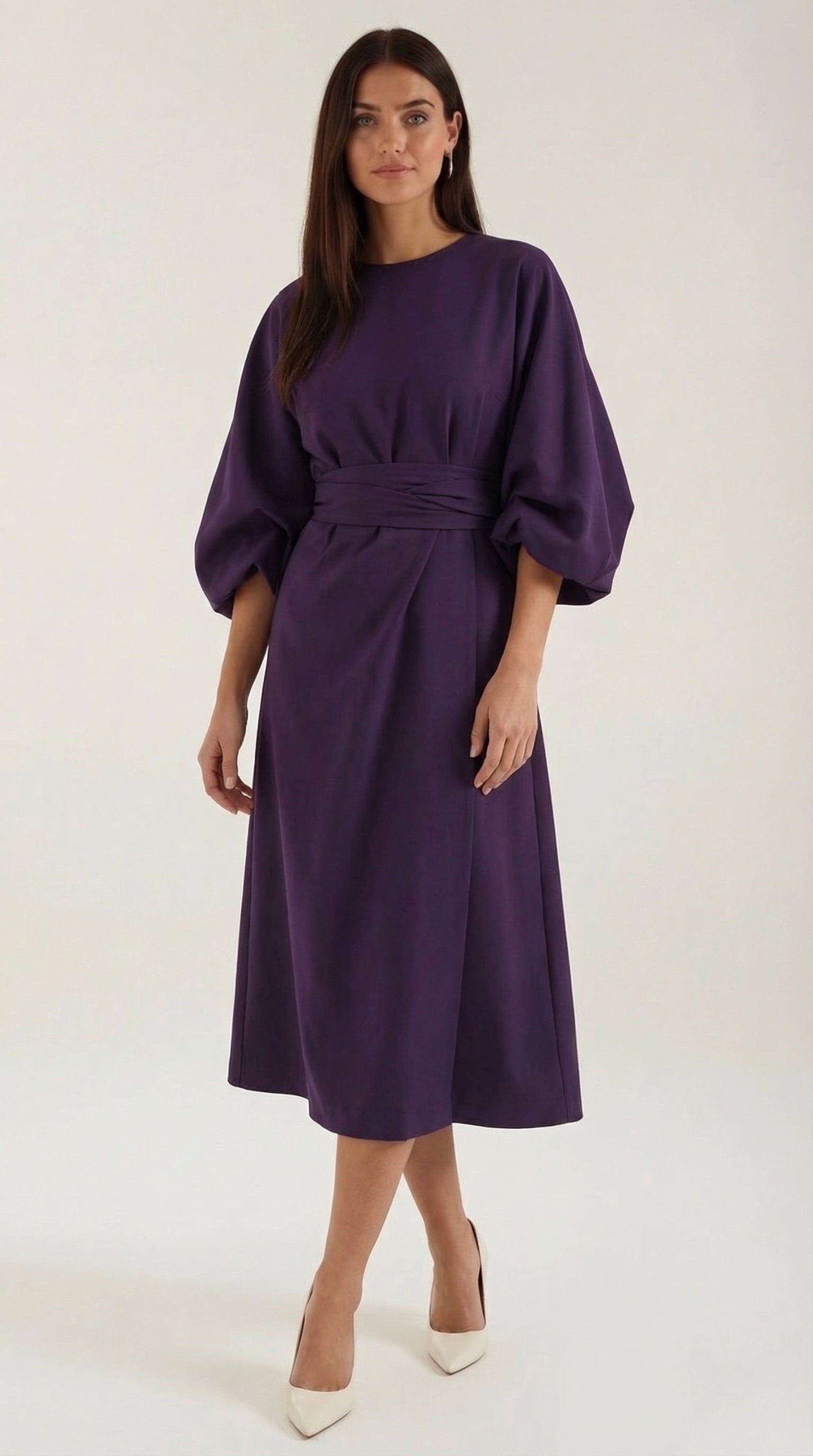Damen Ballonärmel Midikleid | Taillengürtel View 26