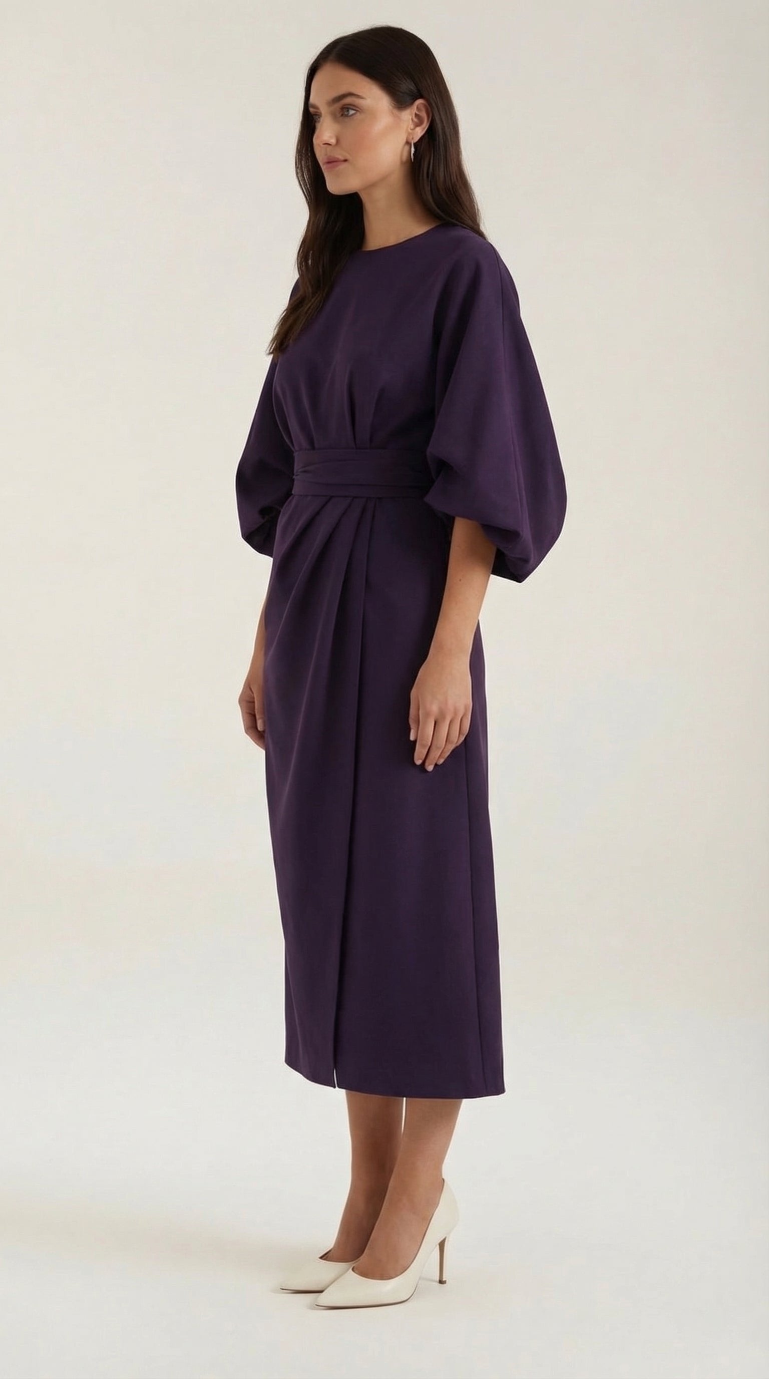 Damen Ballonärmel Midikleid | Taillengürtel View 27