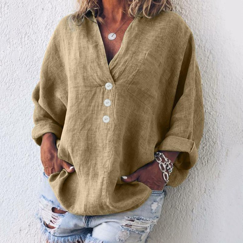 Damen Baumwoll-Leinen-Pullover Asymmetrische Knöpfe | Bequem Back