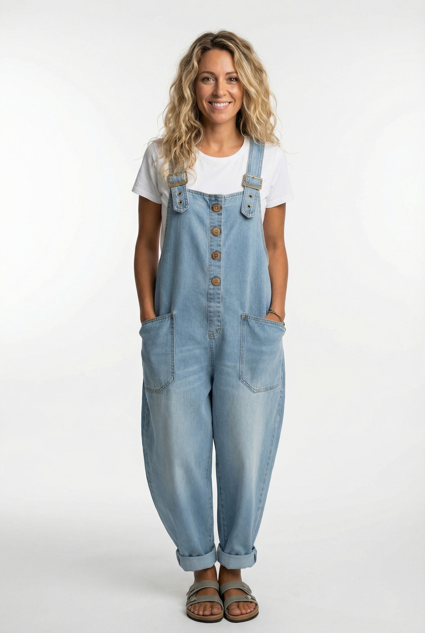 Damen Jeansoverall Knopffront | Verstellbare Träger Back