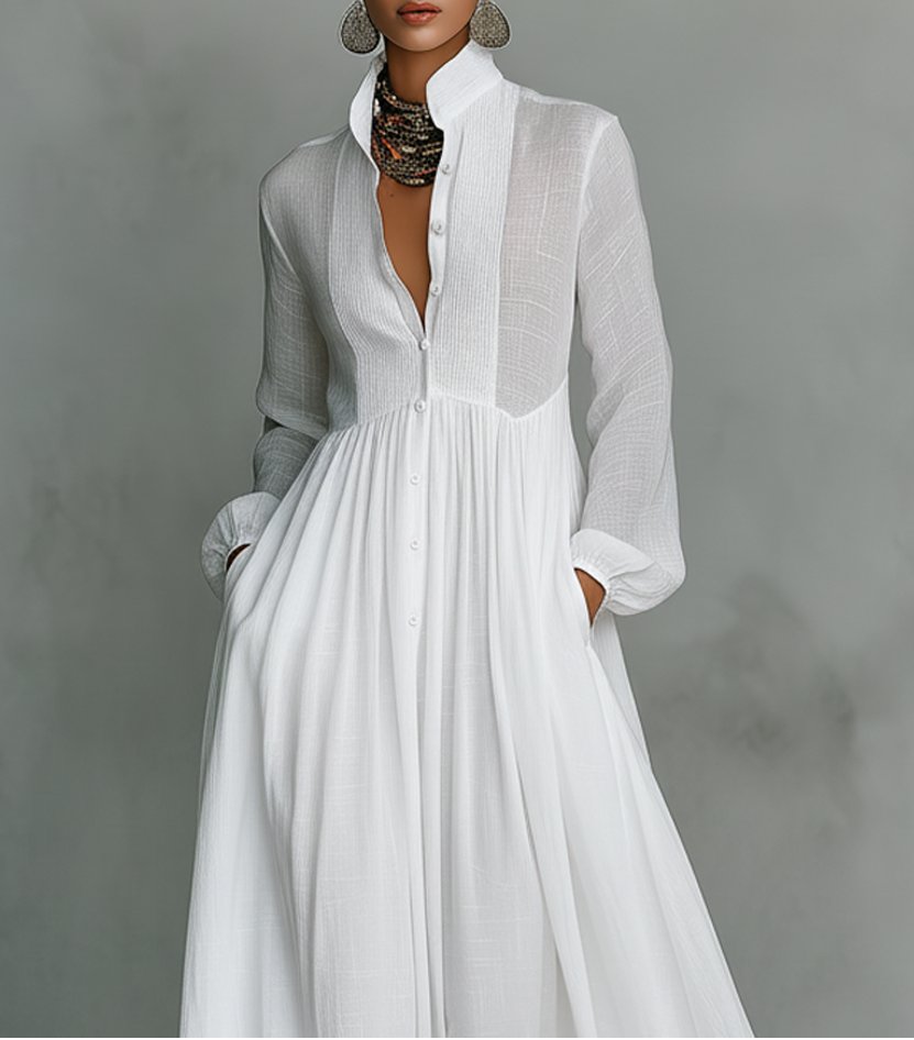 Damen Maxikleid Stehkragen | Baumwolle-Leinen Detail