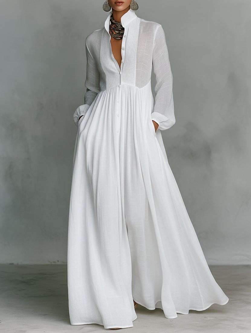 Damen Maxikleid Stehkragen | Baumwolle-Leinen Hero