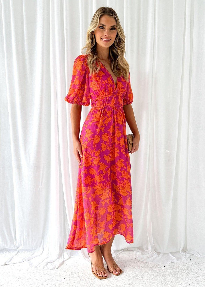 Damen Midikleid Blumendruck | Puffärmel Front