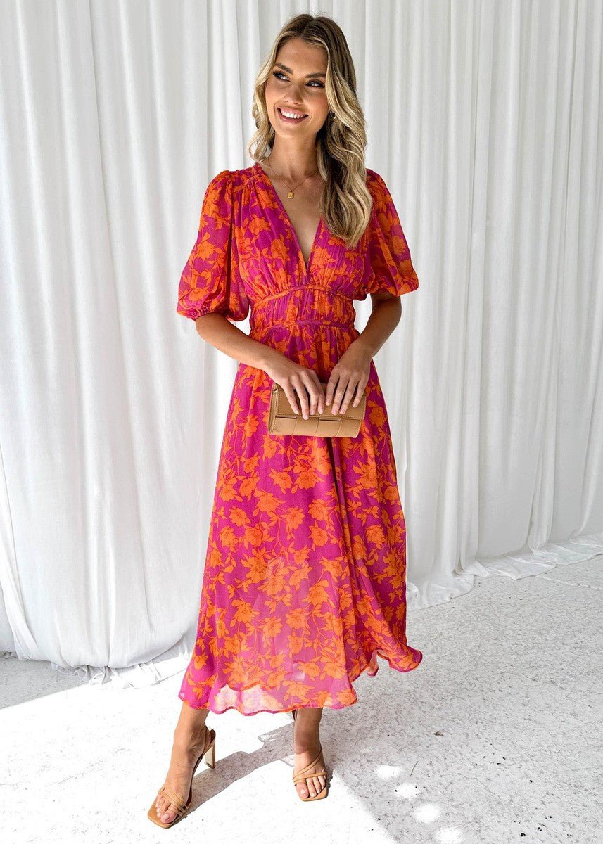 Damen Midikleid Blumendruck | Puffärmel Hero
