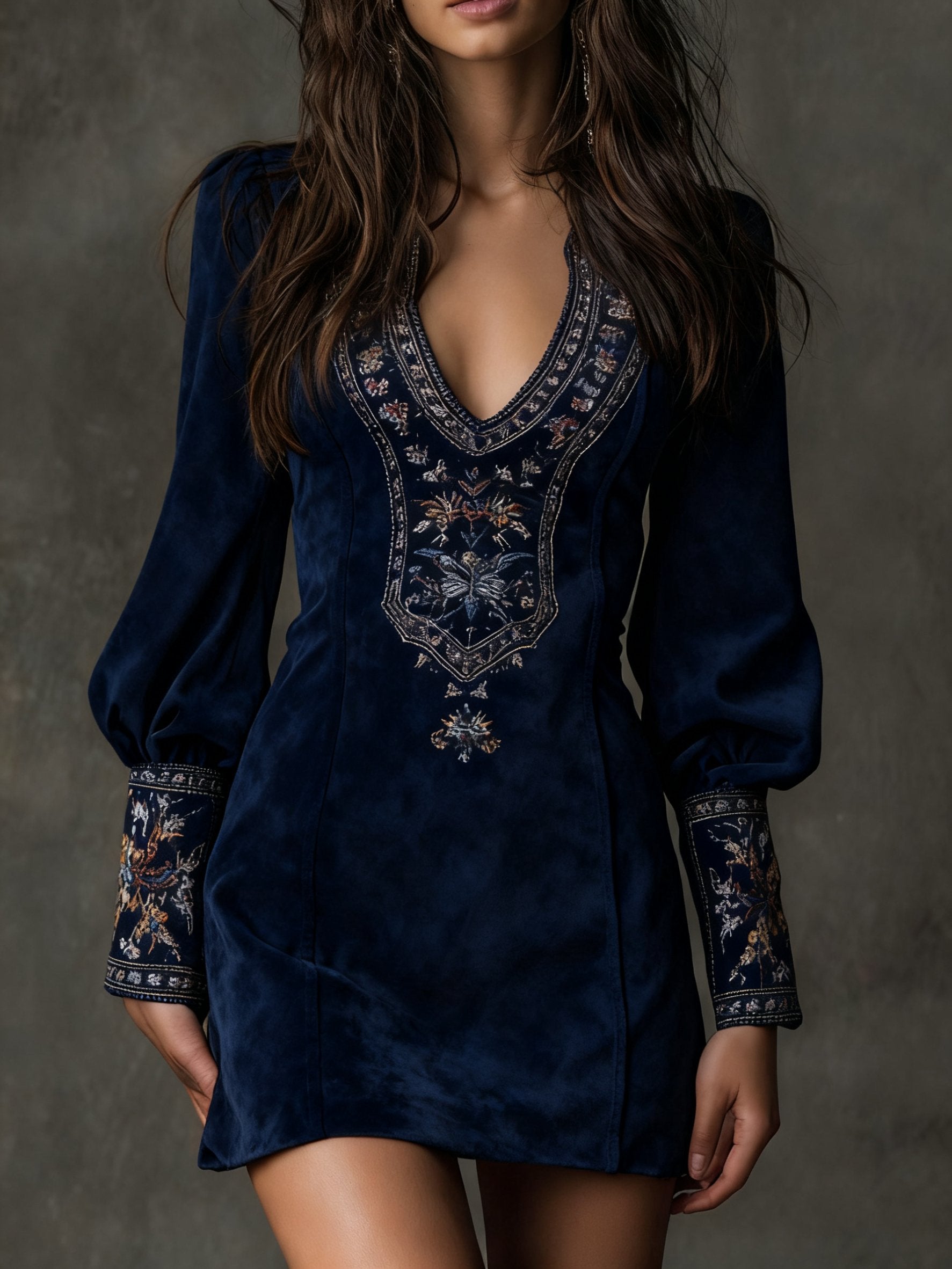 Damen Minikleid Blütenstickerei | V-Ausschnitt Lifestyle