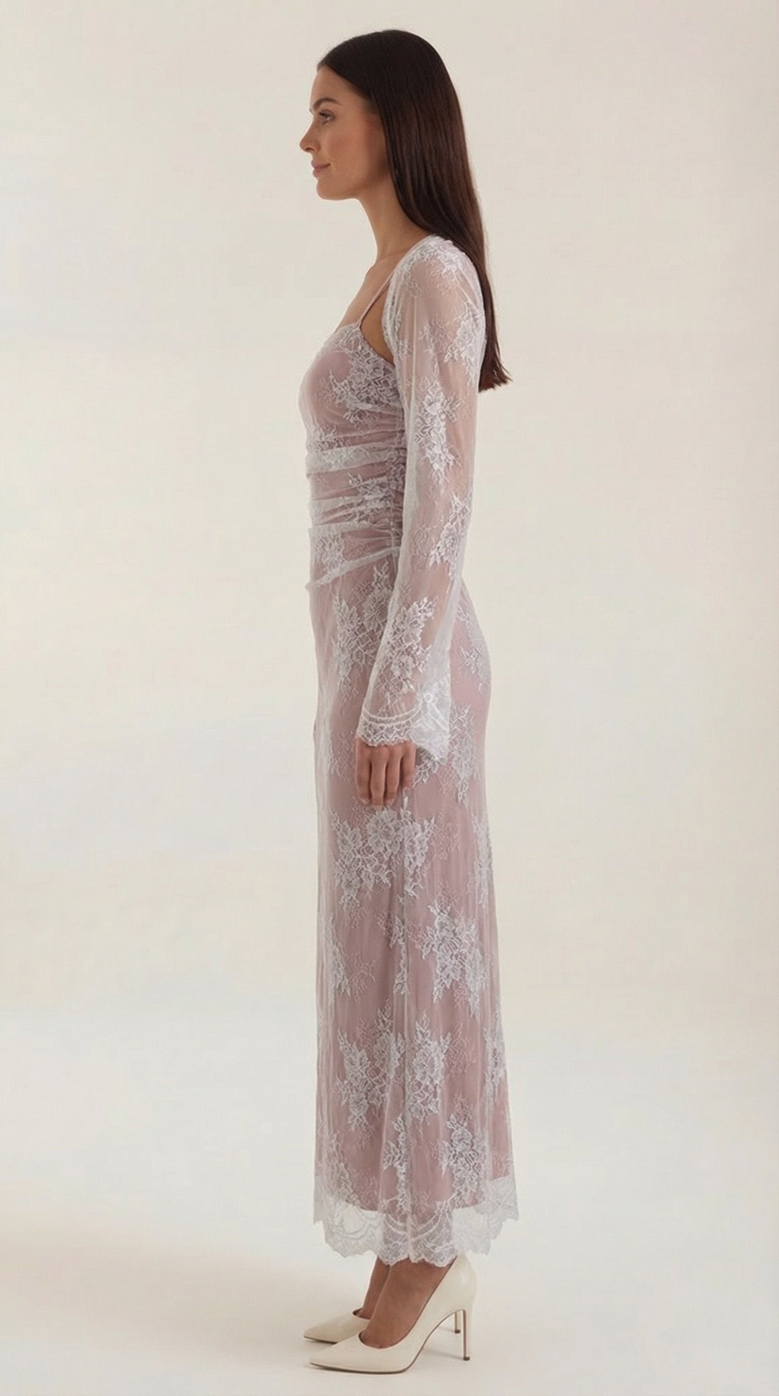 Damen Overlay Maxikleid | Transparente Spitze Front