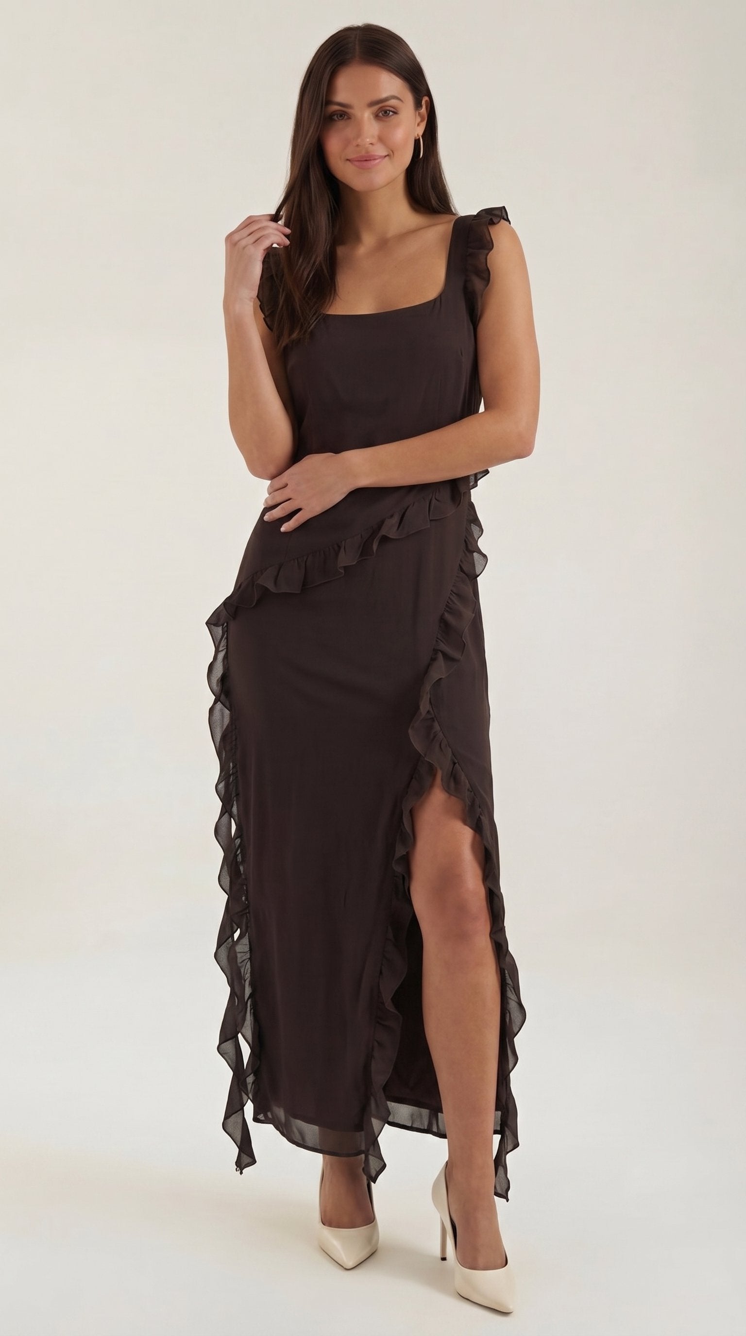 Damen Rüschen Maxikleid | Herzausschnitt Hero