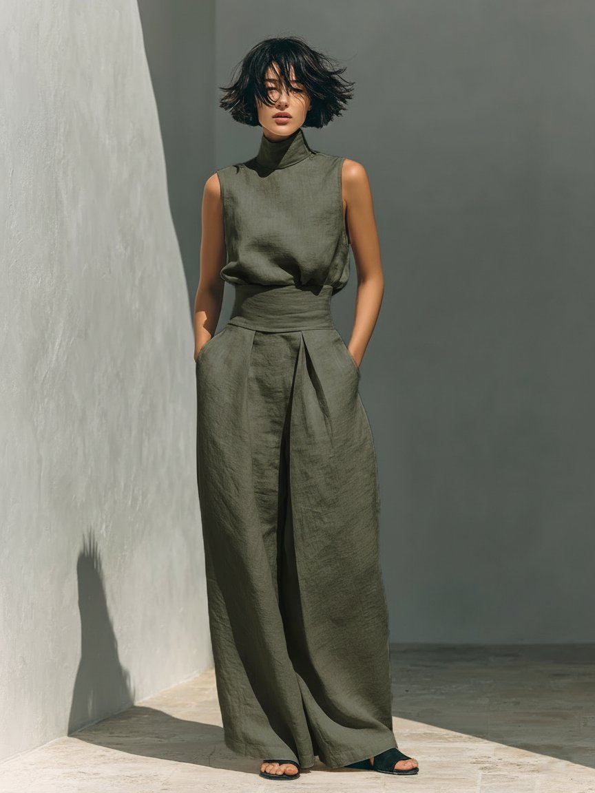 Damen Rollkragen Zweiteiler | Weite Hose Detail