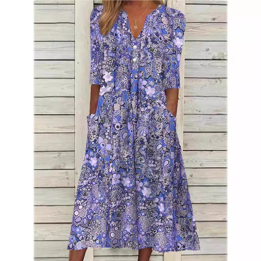 Damen Sommerkleid Blumendruck | V-Ausschnitt Front