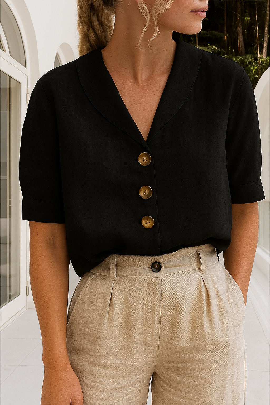 Damen T-Shirt Knopfdetails | Baumwolle-Leinen Back