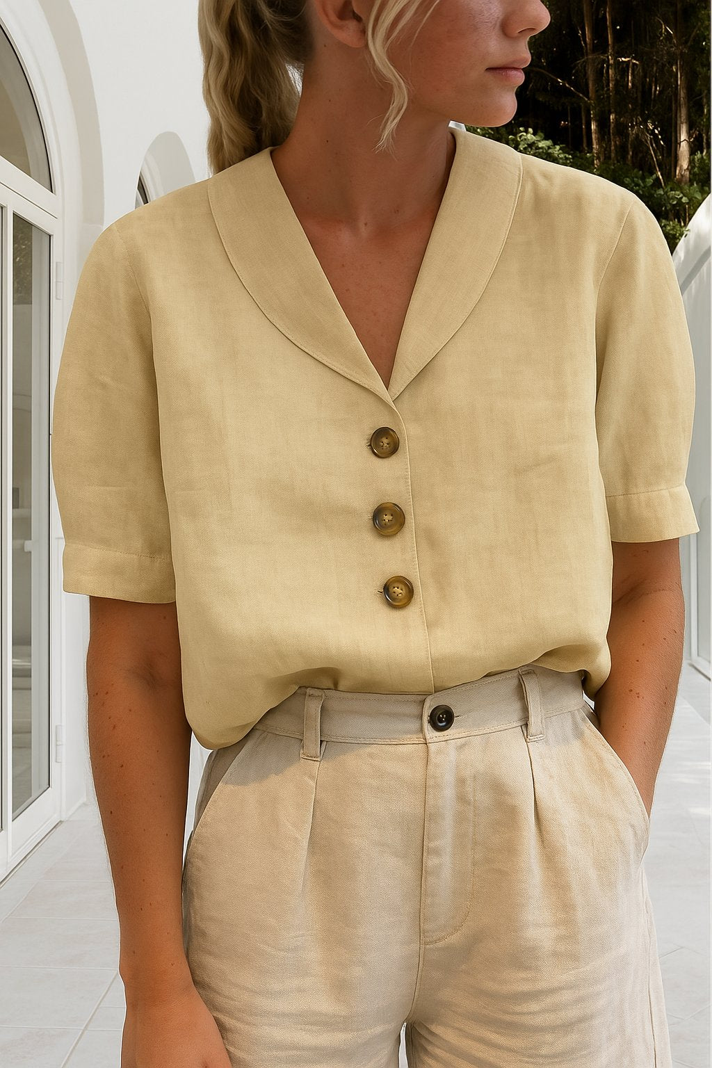 Damen T-Shirt Knopfdetails | Baumwolle-Leinen Close Up