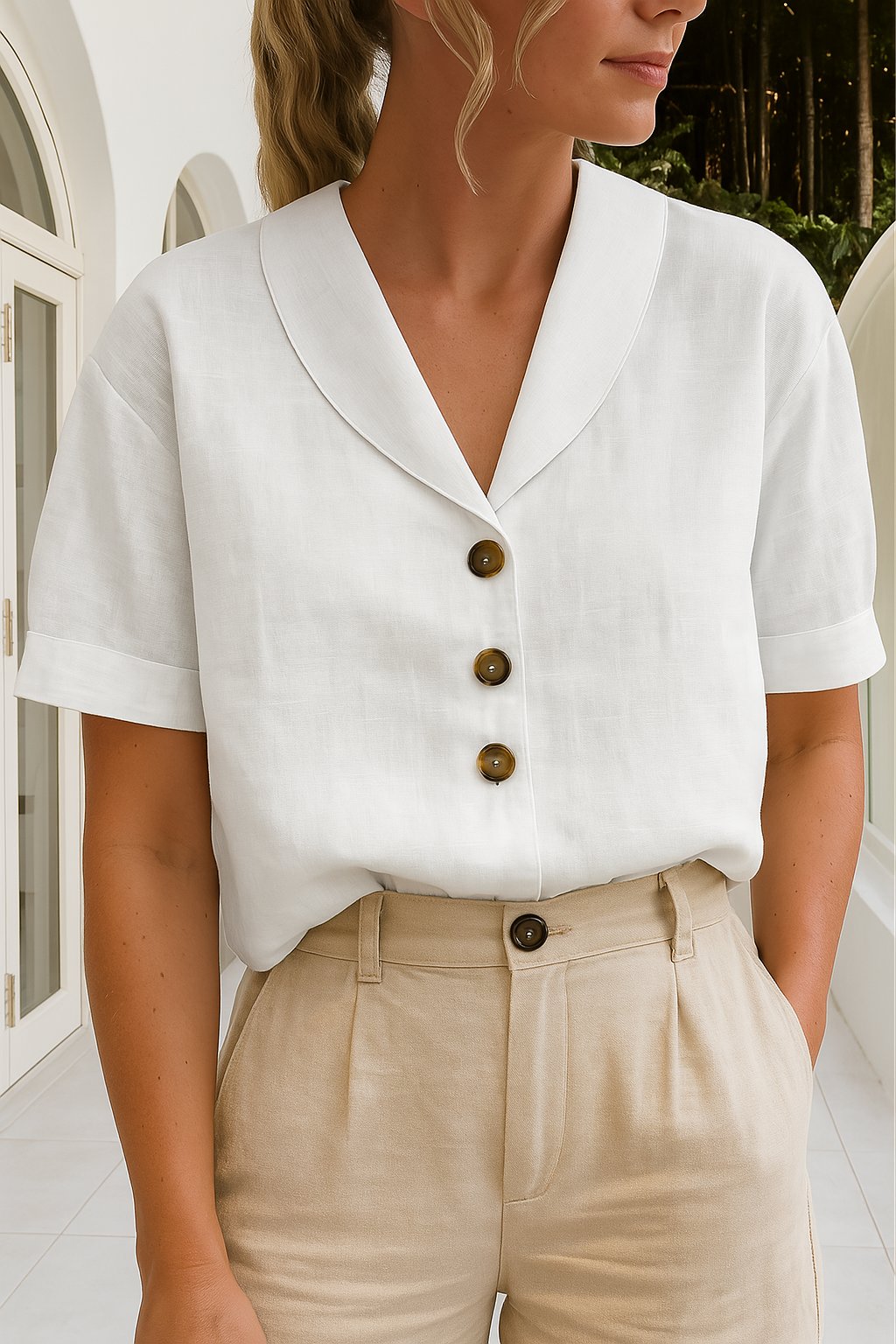 Damen T-Shirt Knopfdetails | Baumwolle-Leinen Hero